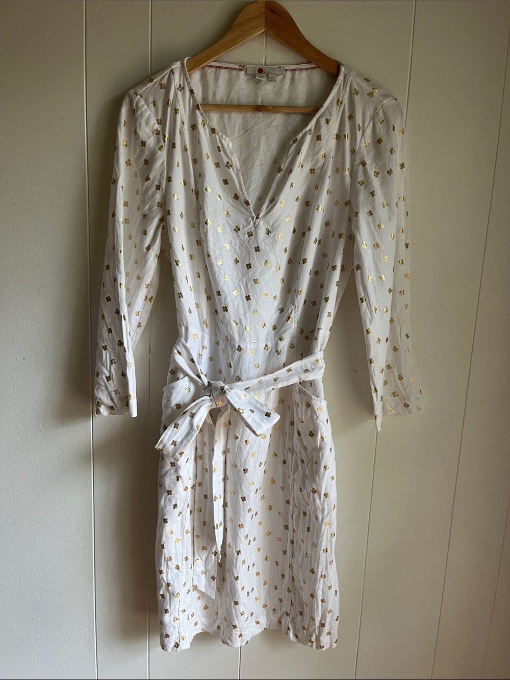 Boden Kelsey White Linen Midi Dress with Gold Floral Motif Beach Preppy Sz 10L - Picture 6 of 16